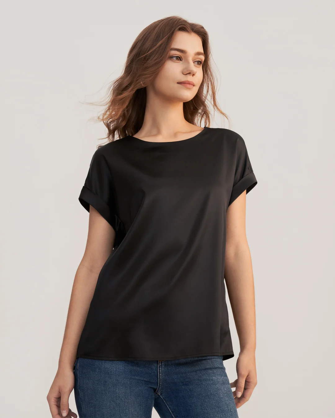 LILYSILK T Shirt Soie Coupe Régulière Poignets Roulés Mancherons Bleu Marine S