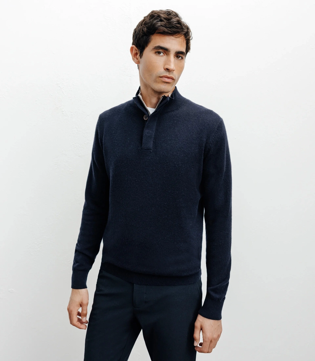 IZAC - Pull col zippé et boutonné 100% cachemire marine