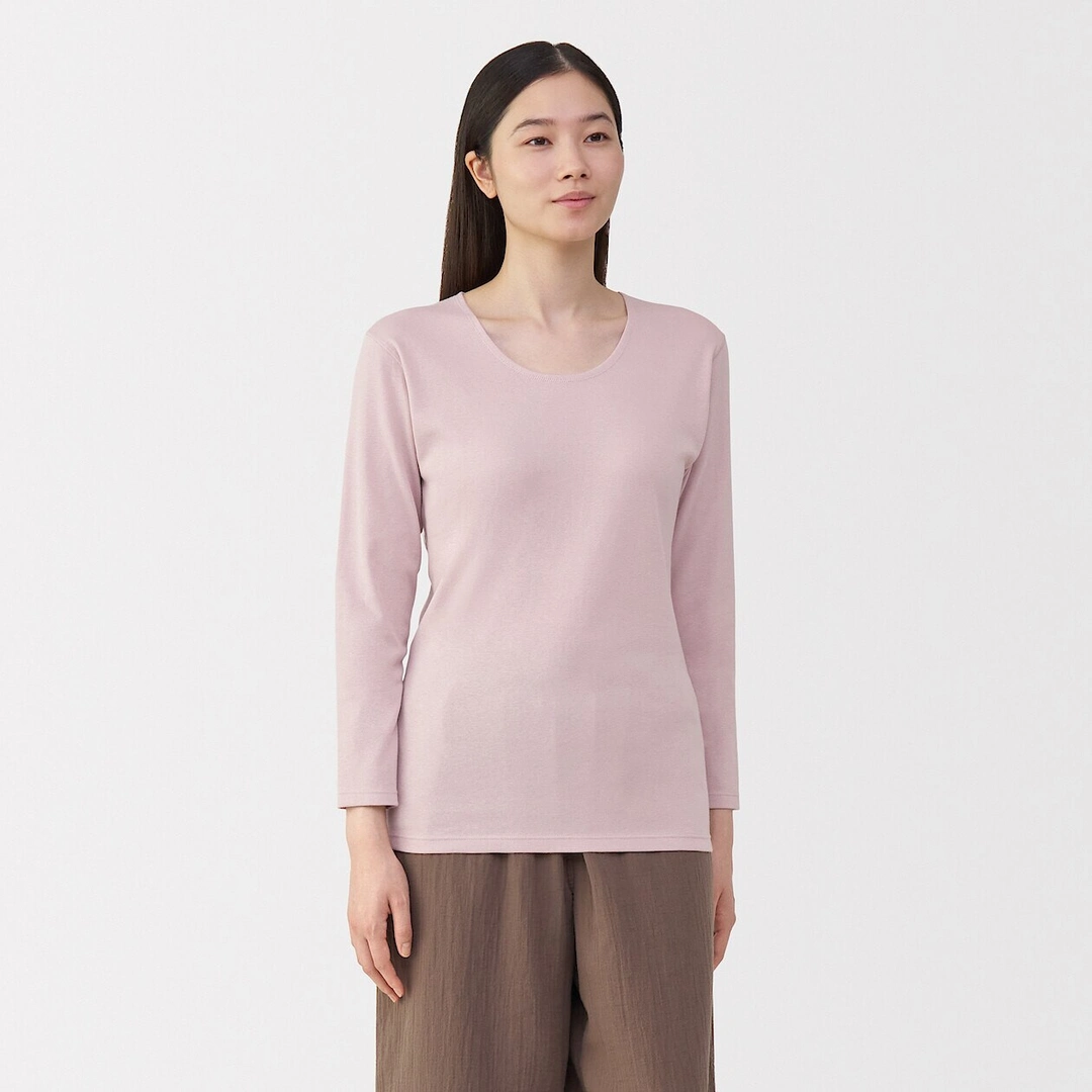 T‐shirt manches longues col U en coton épais et chaud pour femme