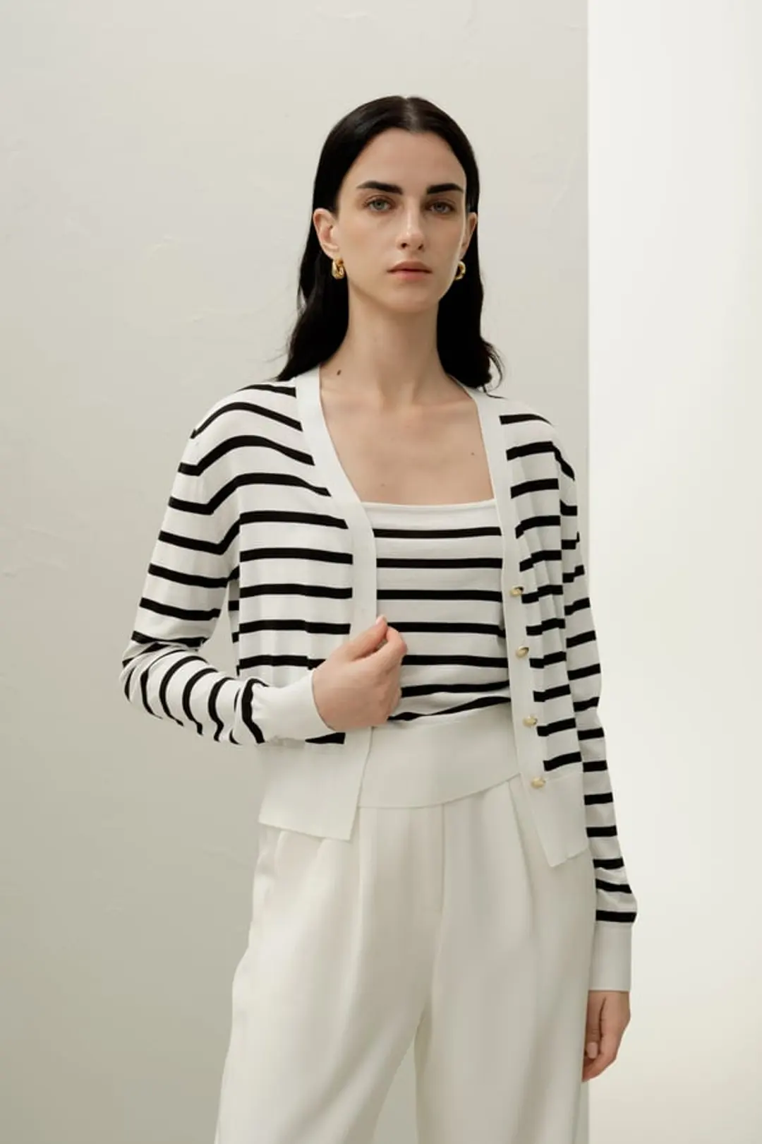 LILYSILK Femme Ensemble Deux Pièces Soie Coton Tricot Rayé Cardigan Noir Blanc Taille L