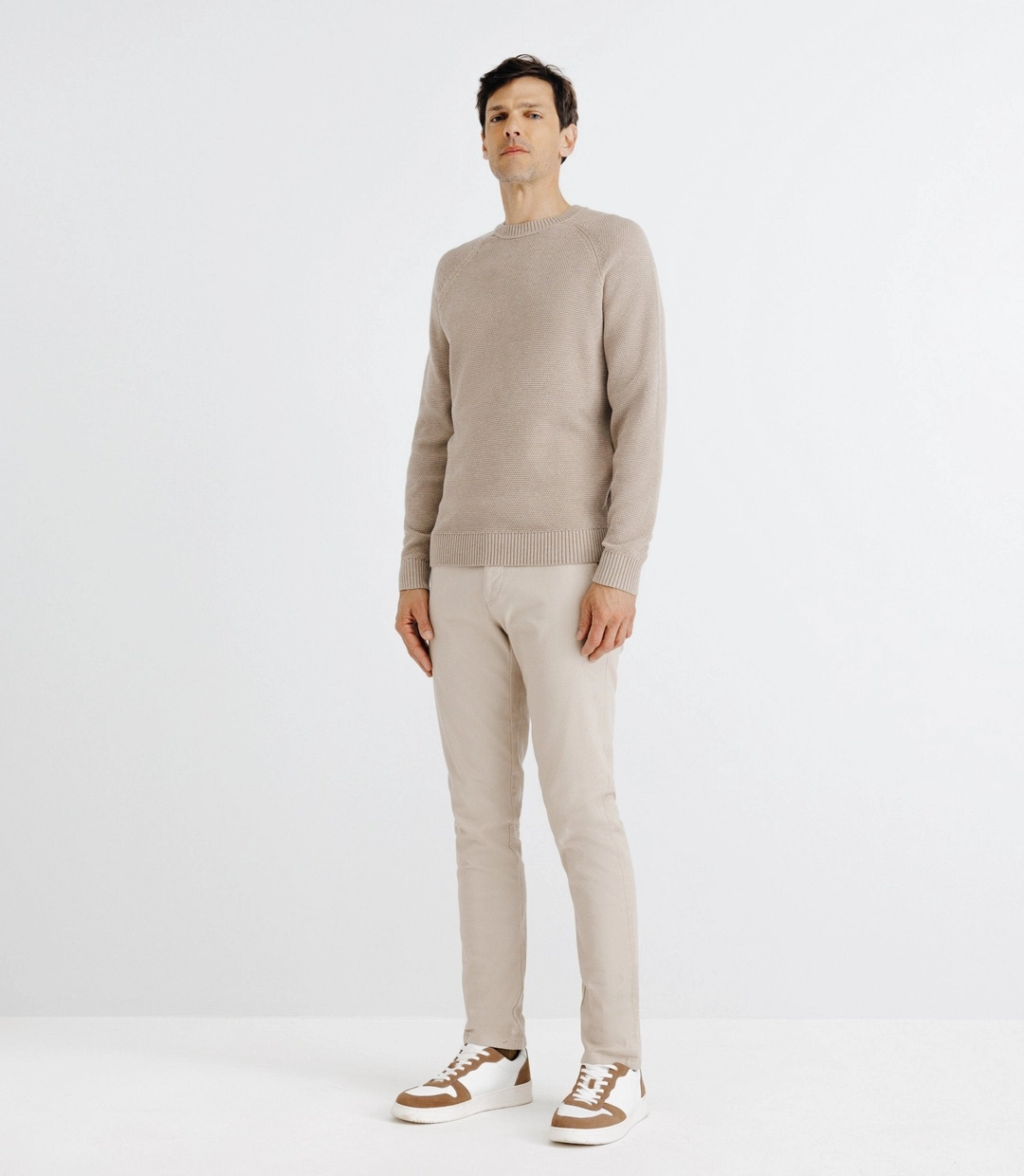 IZAC - Pull col rond jeux de point beige