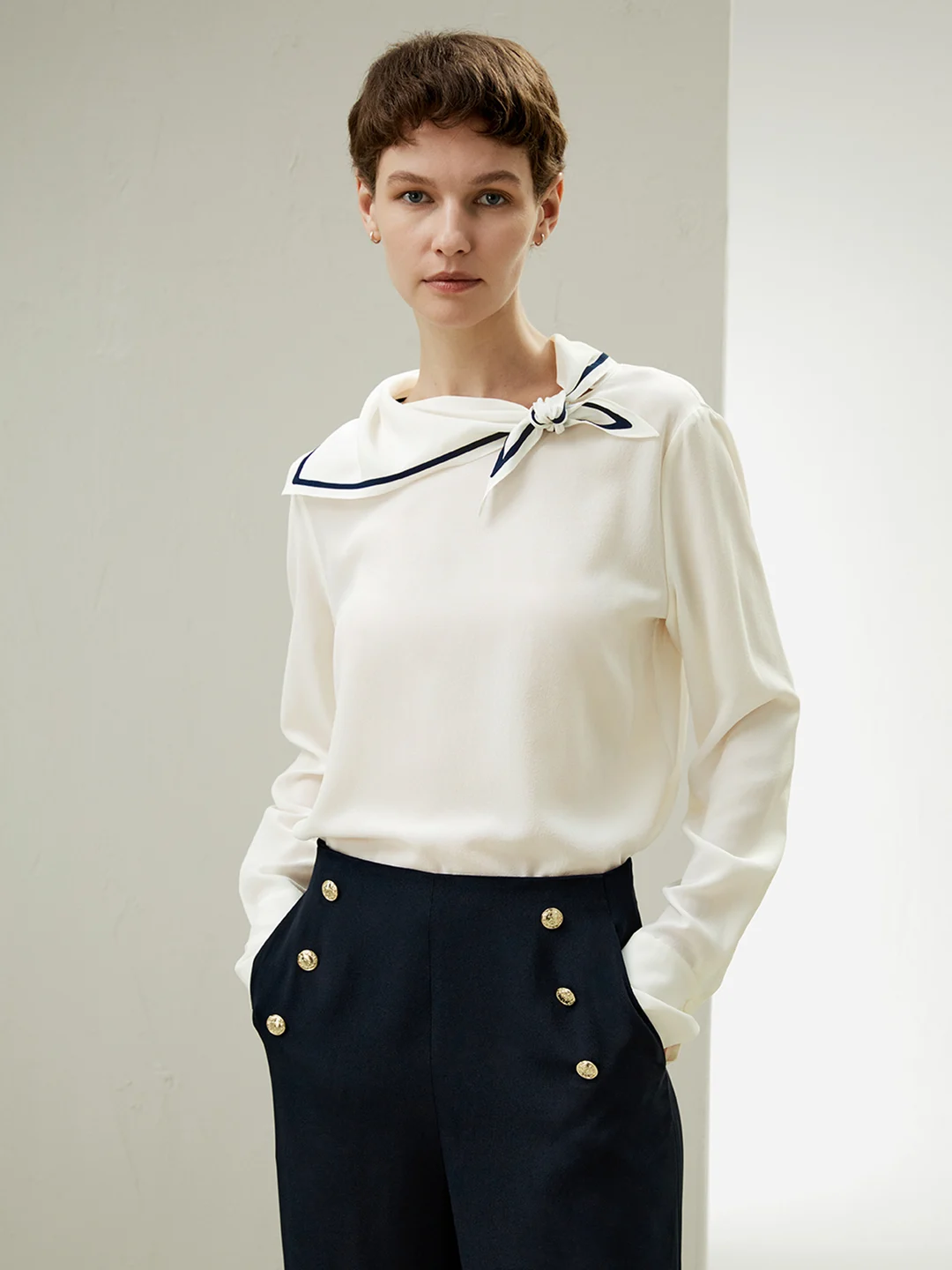 LILYSILK Chemisiers En Soie Blanc Style Marin Avec Col Semi-Fixe 100% Soie Crêpe De Chine Élégance Intemporelle Et Style Sophistiqué XXS