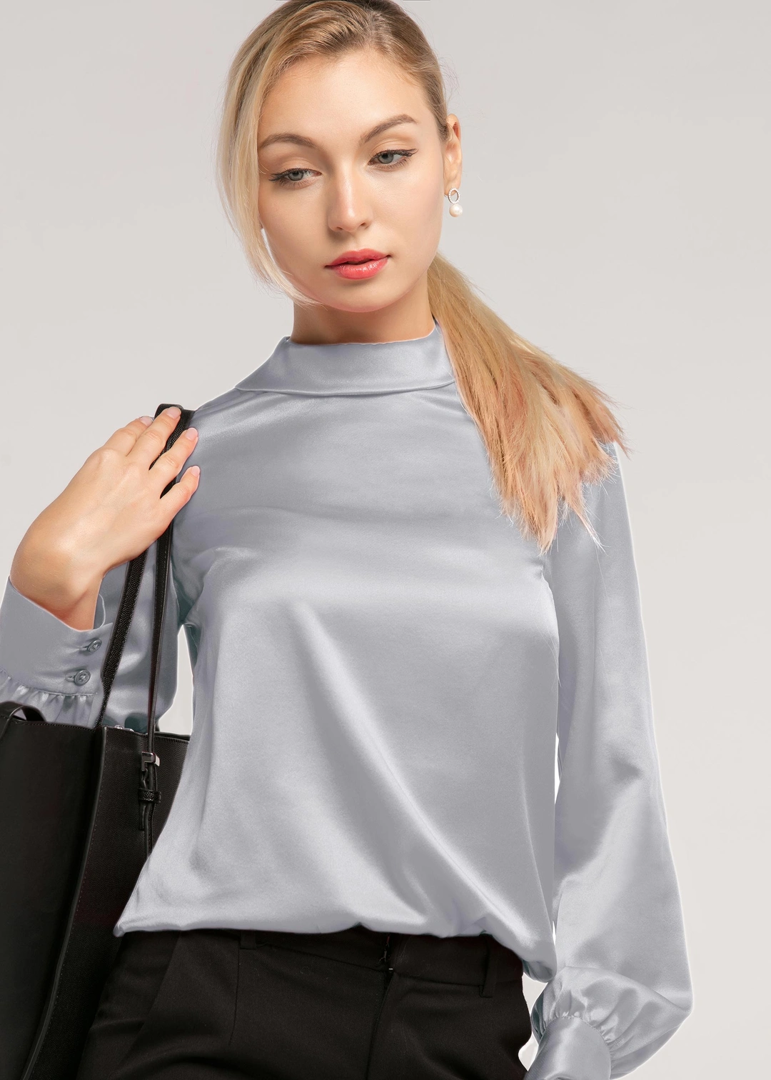 LILYSILK Chemisiers En Soie Femme Col Montant, Manches Longues Soie Extensible De Qualité Température Réglable Chemises Argenté XS