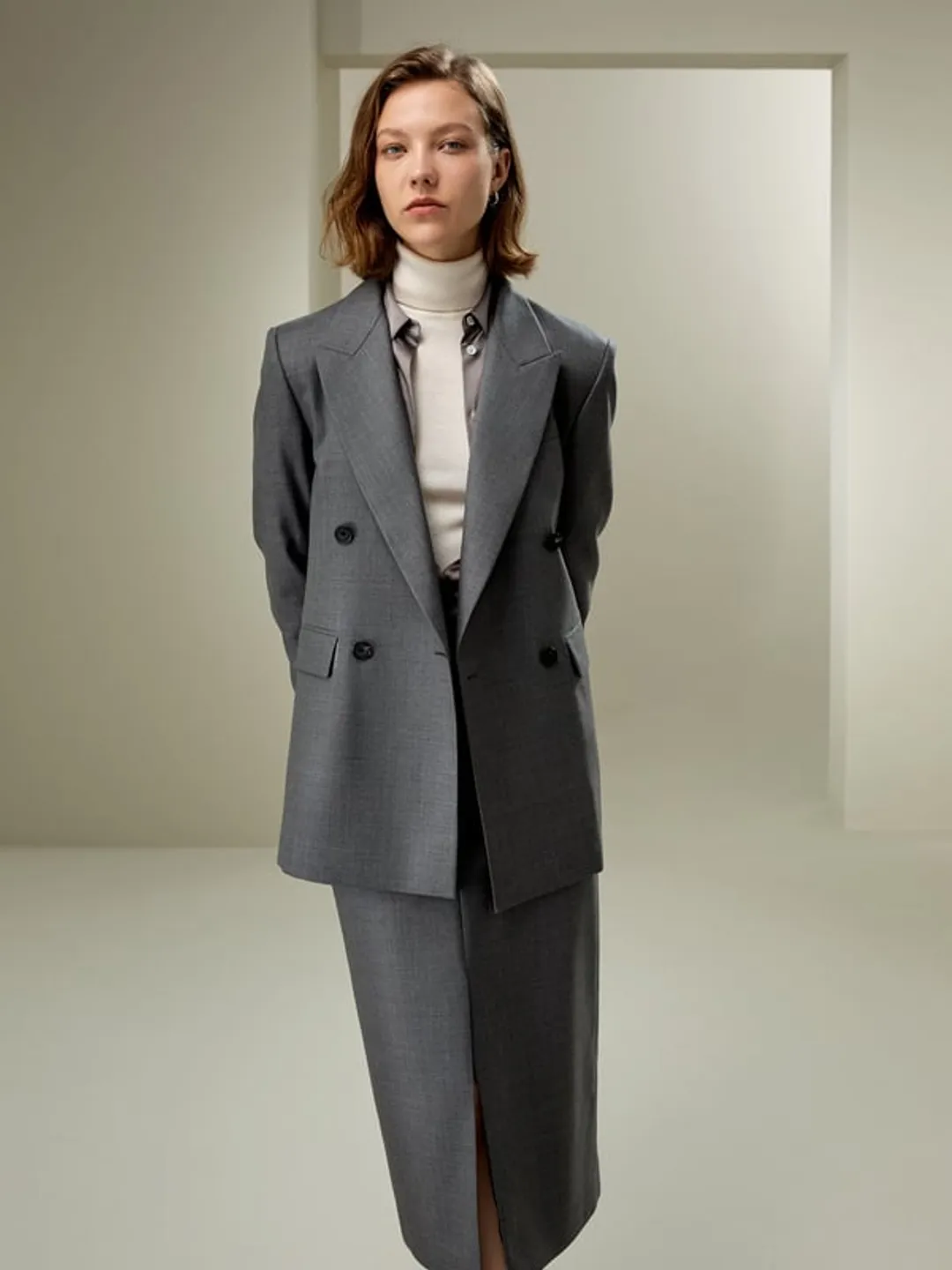 LILYSILK Blazer En Laine Femme Épaules Légèrement Larges Mélange De Soie Et De Laine Facile À Assortir Suie 46