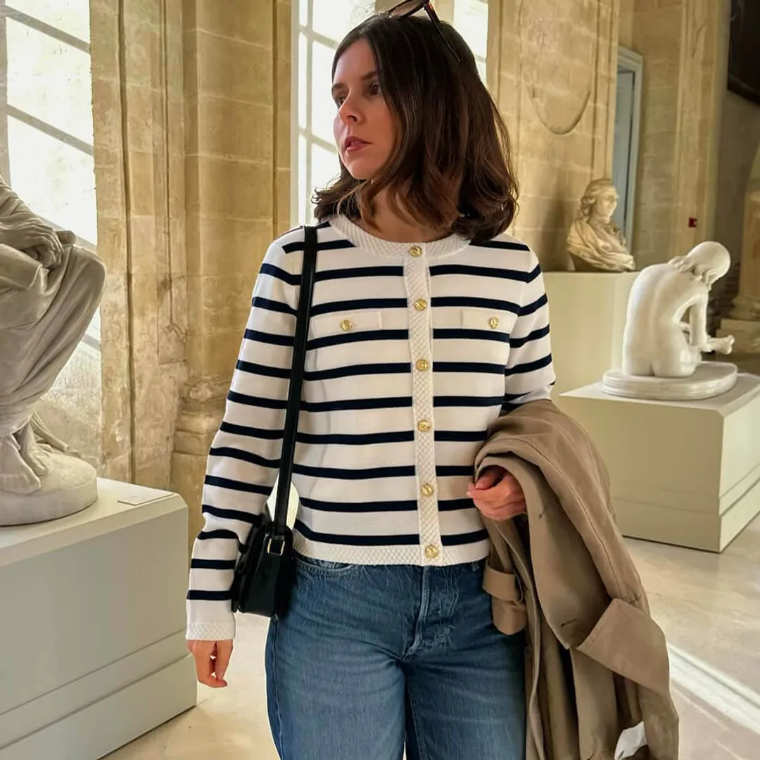 LILYSILK Cardigan Femme Bleu Marine À Rayures Blanches Chemise De Couche De Base 100% Cachemire Un Toucher Incroyablement Doux Et Confortable XL