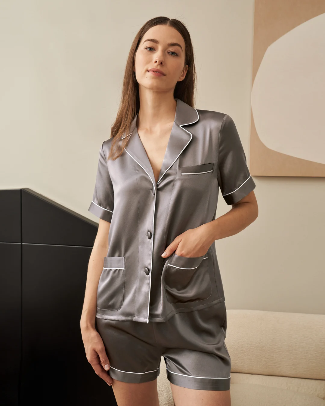 LILYSILK Ensemble Pyjama En Soie Femme Bleu Marine Avec Passepoil Contrasté Et Poches 100% Soie Pure Léger Et Résistant Aux Rides XS