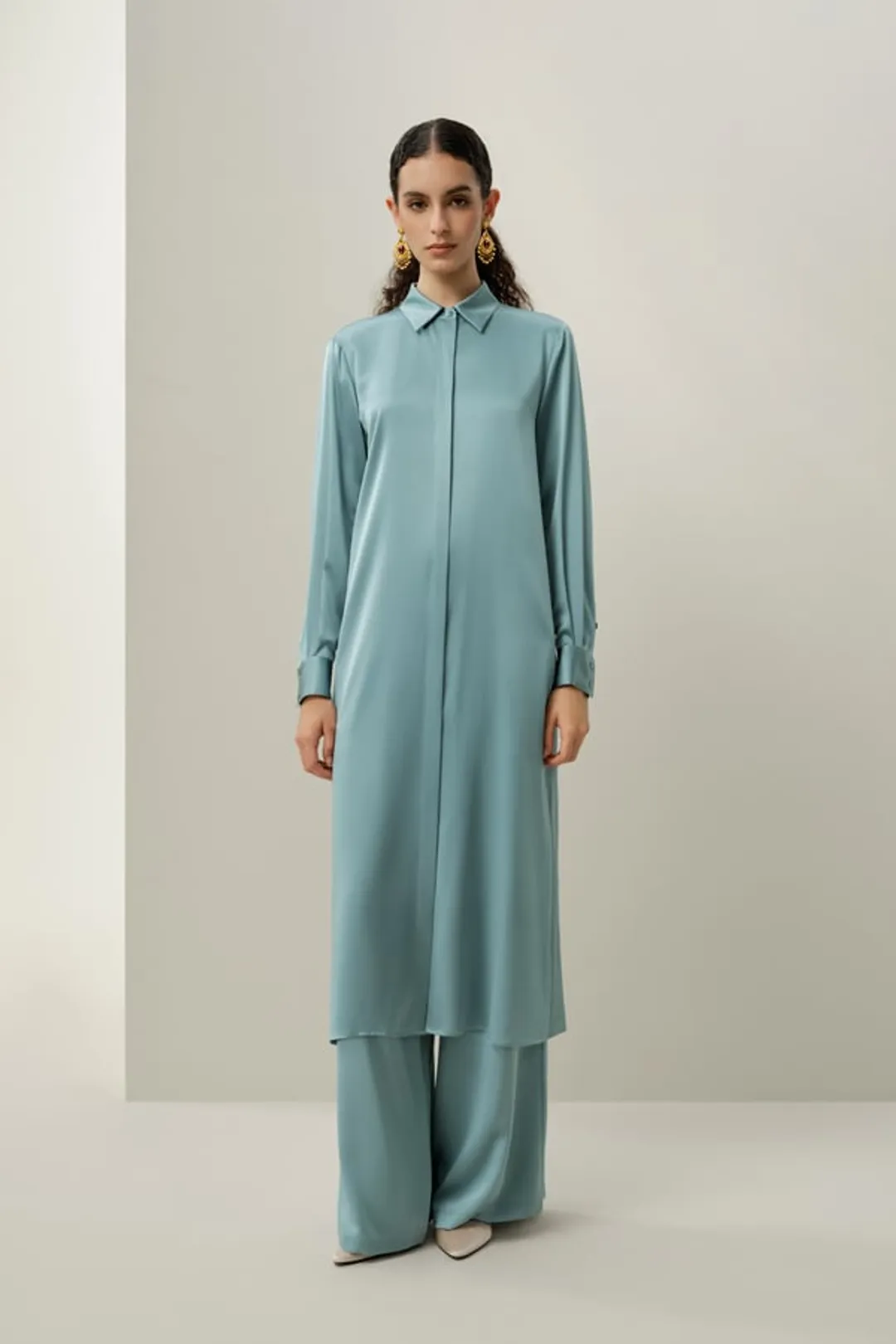 LILYSILK Robe Chemise Longue en Soie Charmeuse Stretch Femme Élégante Bleu Vapeur XS