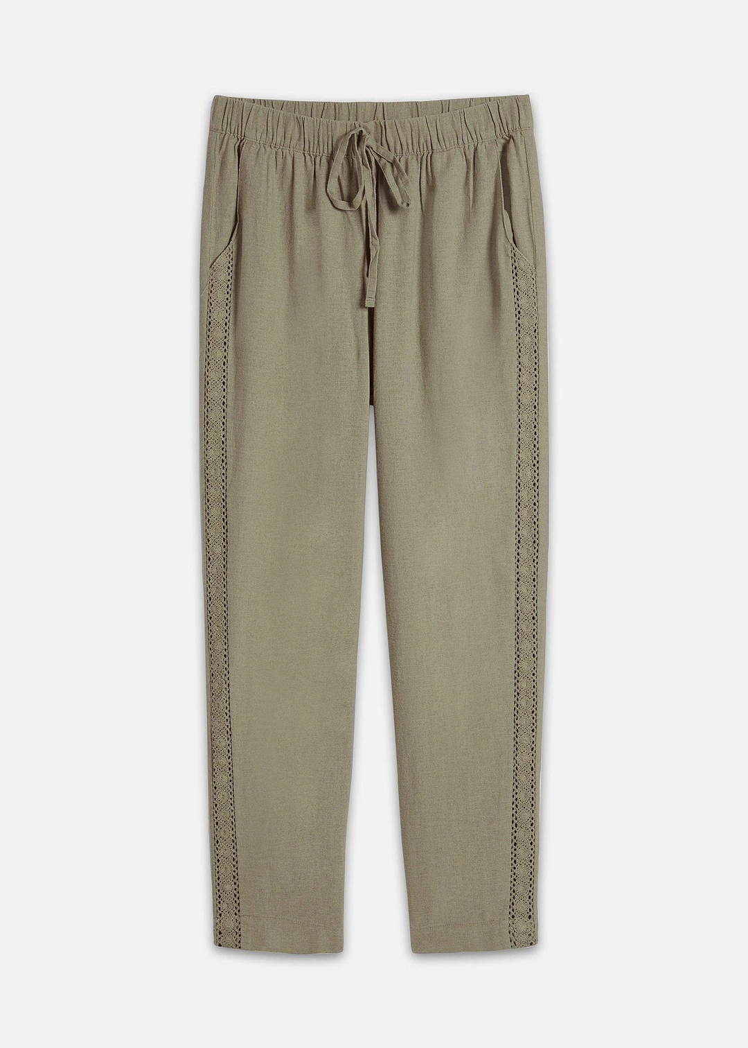 Pantalon en lin majoritaire avec empiècement de dentelle sur le côté, longueur cheville