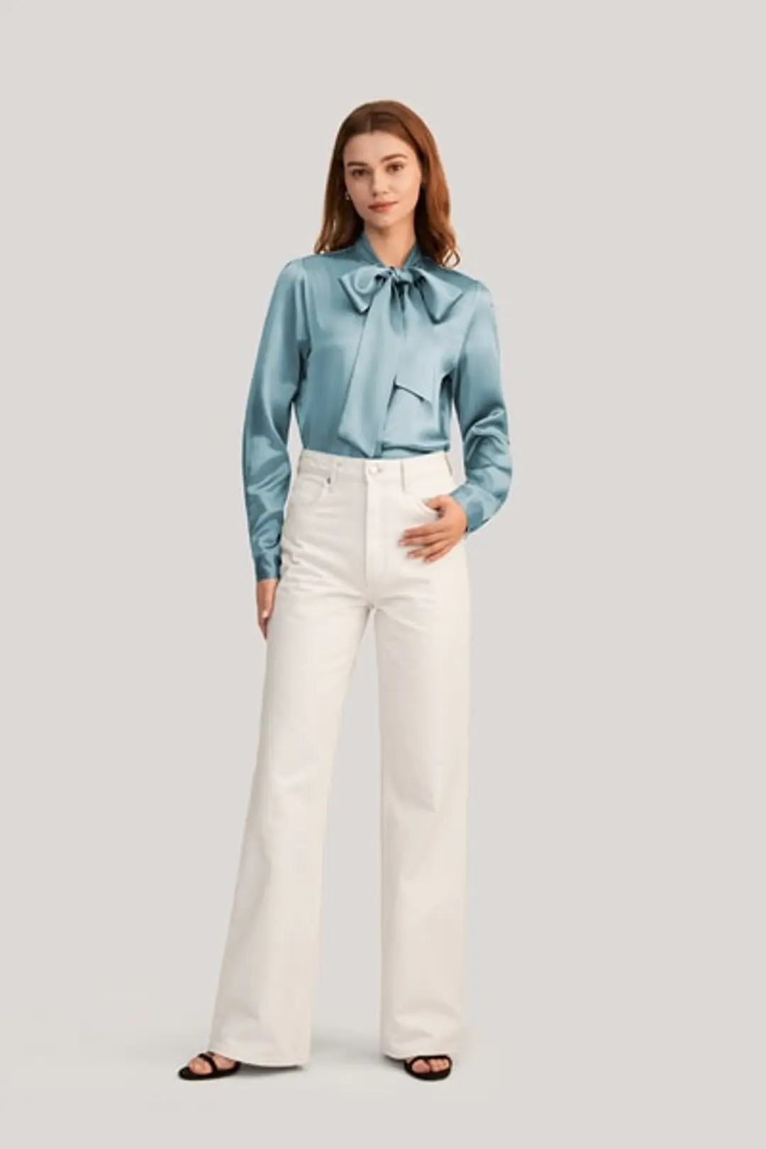 LILYSILK Blouse En Soie Avec Nœud Papillon Soie De Haute Qualité Sophistiqué Et Élégant Une Élégance Intemporelle Bleu Vapeur Xs