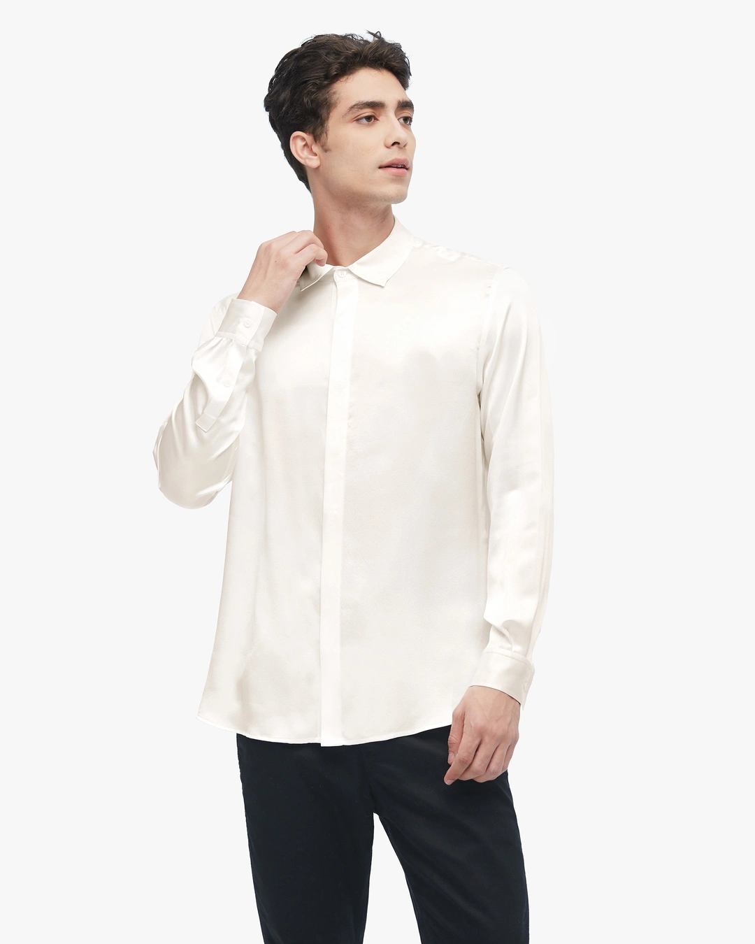 LILYSILK Chemise Classique en Soie à Manches Longues pour Hommes Noir XL