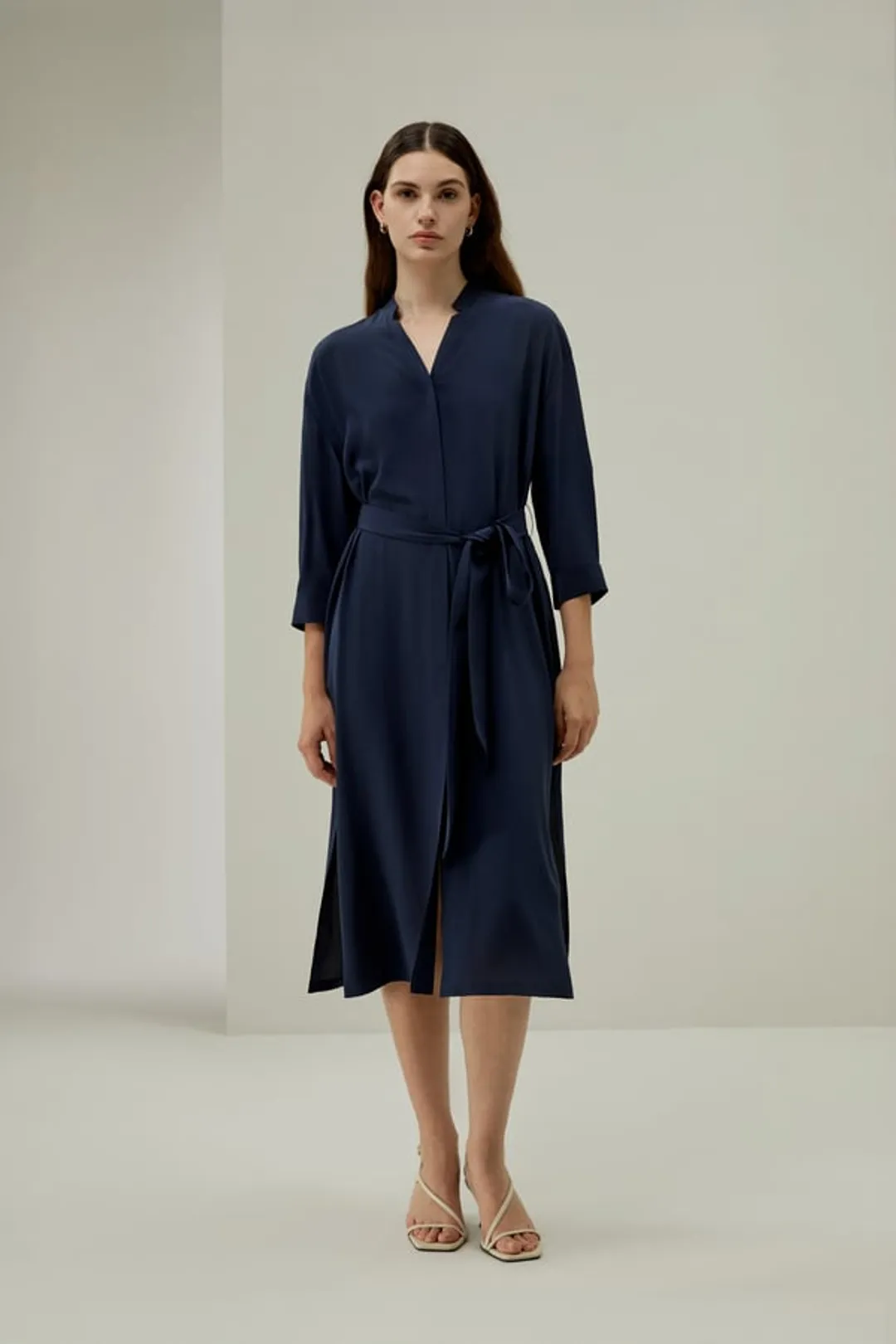LILYSILK Robe Chemise Soie Bleu Marine S, Col Montant, Poches, Ceinture, Crêpe de Chine