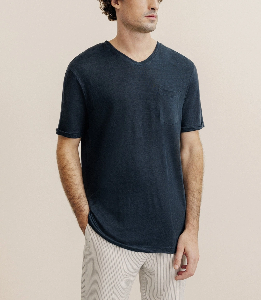 IZAC - T-shirt col V 100% lin marine