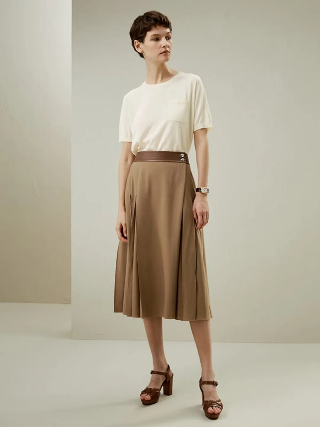 LILYSILK Jupe Midi Ortygia Moka 42 Laine Mérinos Doublée Mousseline Boutons Métal Style Rétro