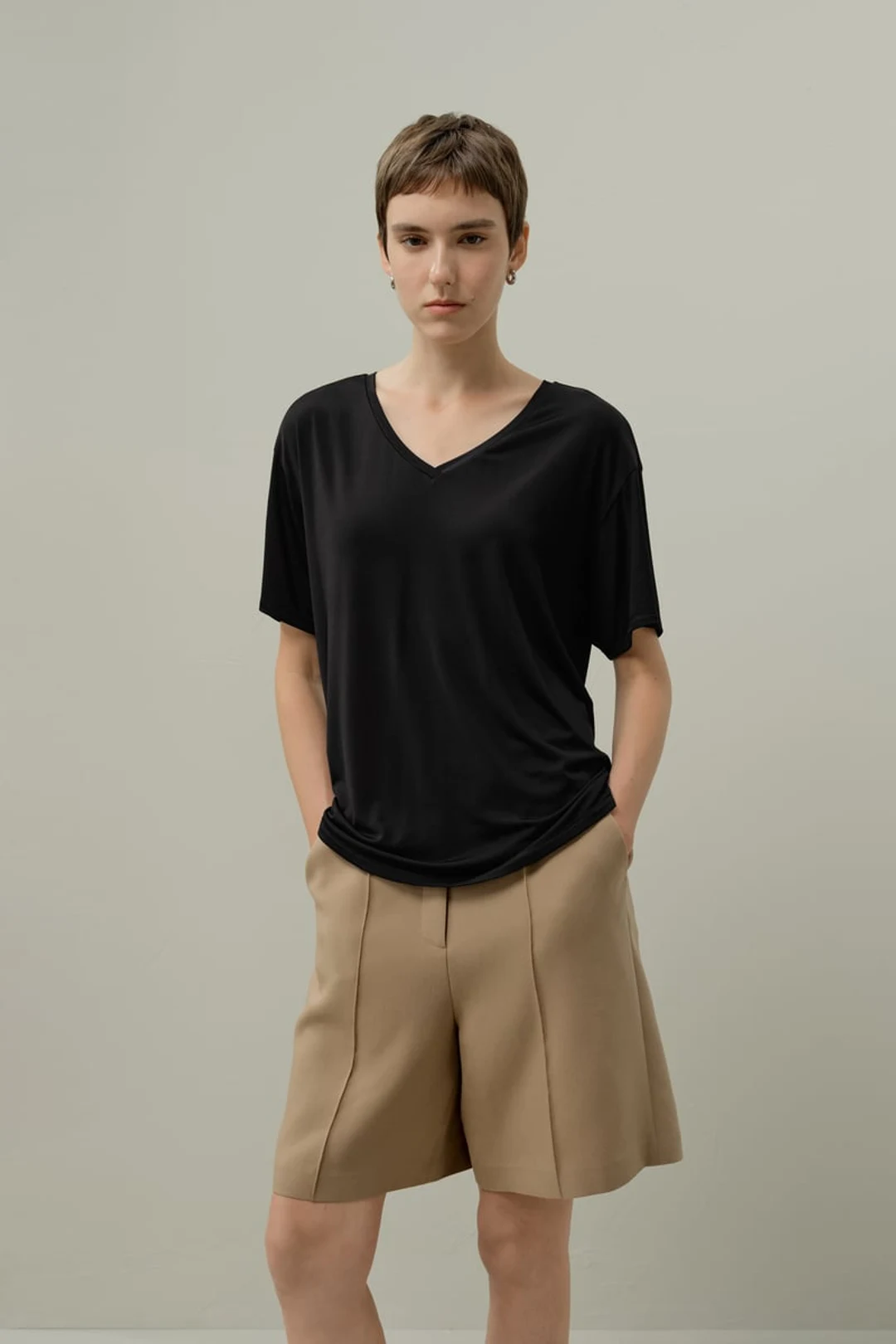 LILYSILK T-shirt Col V Jersey Silk Breeze Noir XL - Doux, Léger, Respirant, Oversize