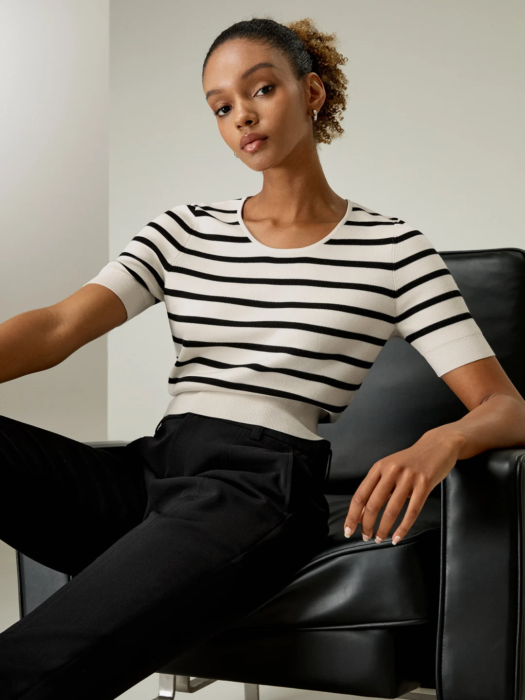 LILYSILK T Shirt En Soie Bleu Marine À Rayures Blanches Col Rond, Coupe Slim 100% Soie Pure Sans Produits Chimiques Nocifs M