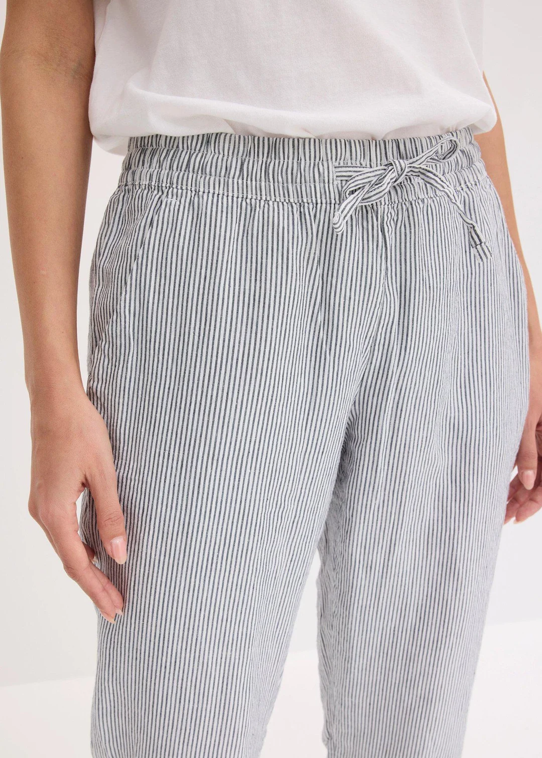 Pantalon en lin mélangé, taille élastiquée - 3