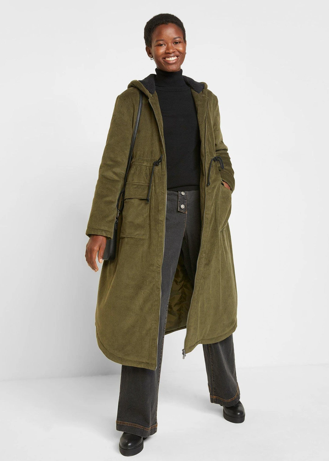 Manteau en velours côtelé 100% coton avec capuche doublée sherpa