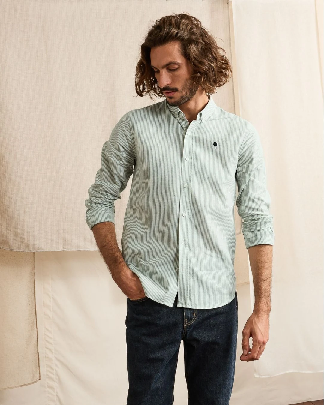 Chemise en lin rayée vert et écru - IVOY