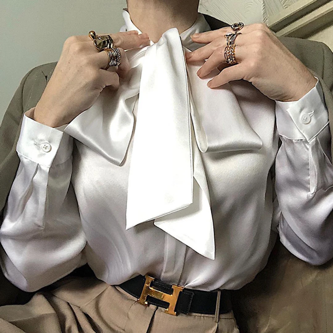 LILYSILK Blouse en Soie avec Nœud Papillon Blanc Naturel L