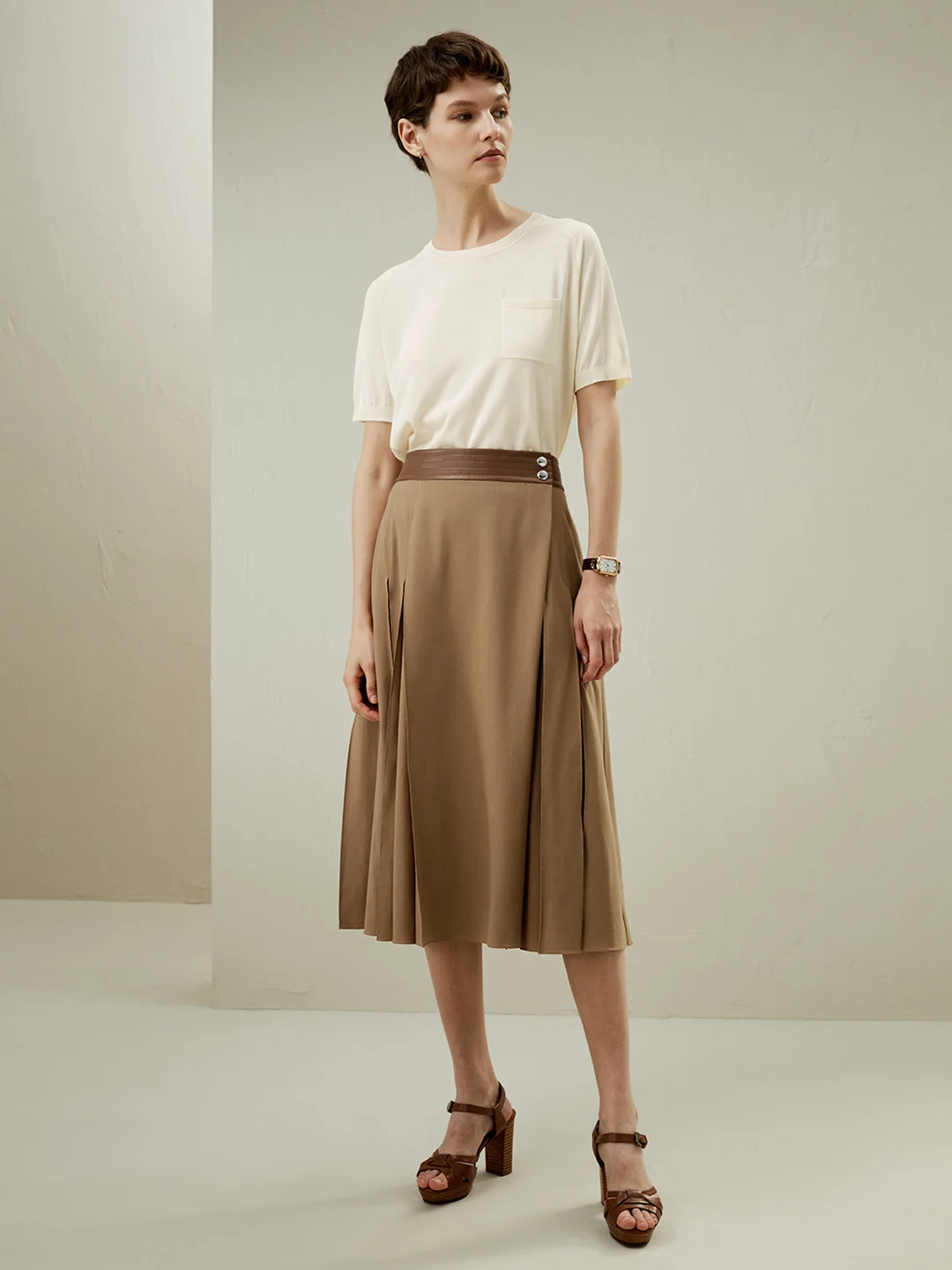 LILYSILK Jupe Midi Ortygia Moka 42 Laine Mérinos Doublée Mousseline Boutons Métal Style Rétro