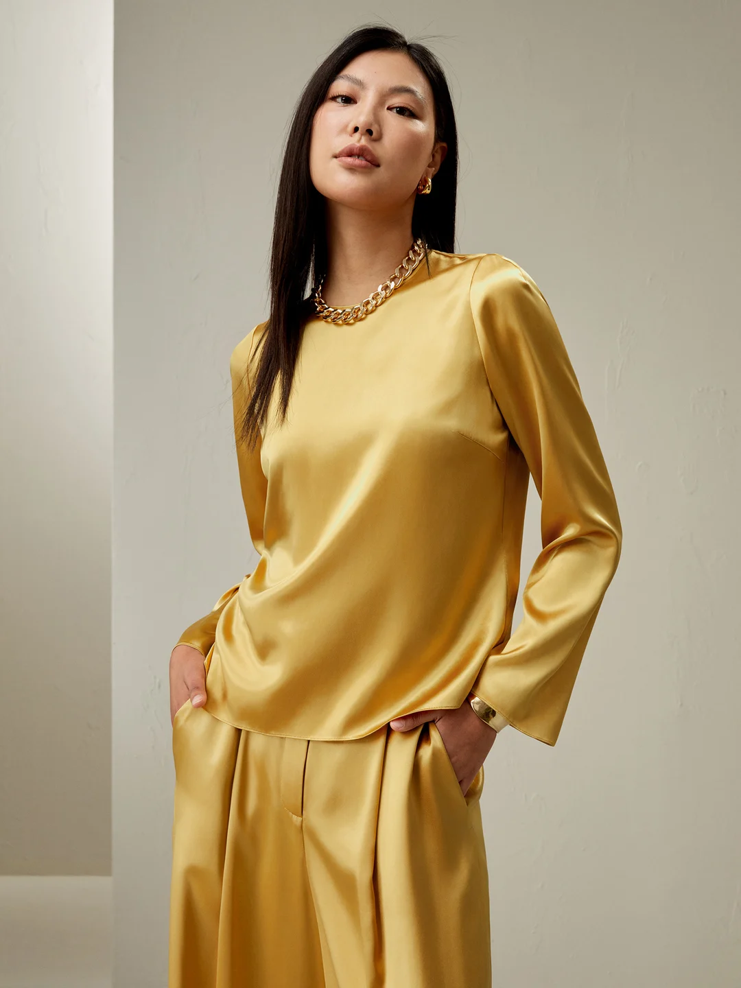 LILYSILK Chemisiers En Soie Jaune Marron Colletage Classique, Forme Régulière Charmeuse De Soie De 28 Mm Élégance Intemporelle Et Style Sophistiqué L