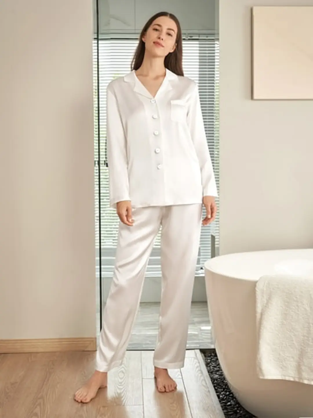 LILYSILK Pyjama Soie Noir Femme Noir Revers Crantés, Boutons Enveloppés De Soie 100% Soie Pure Maintient L'Hydratation Pour Mieux Dormir S