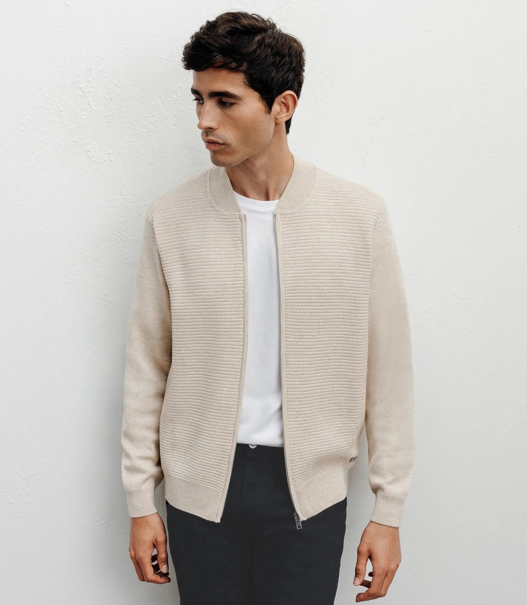 IZAC - Gilet zippé jeux de points beige