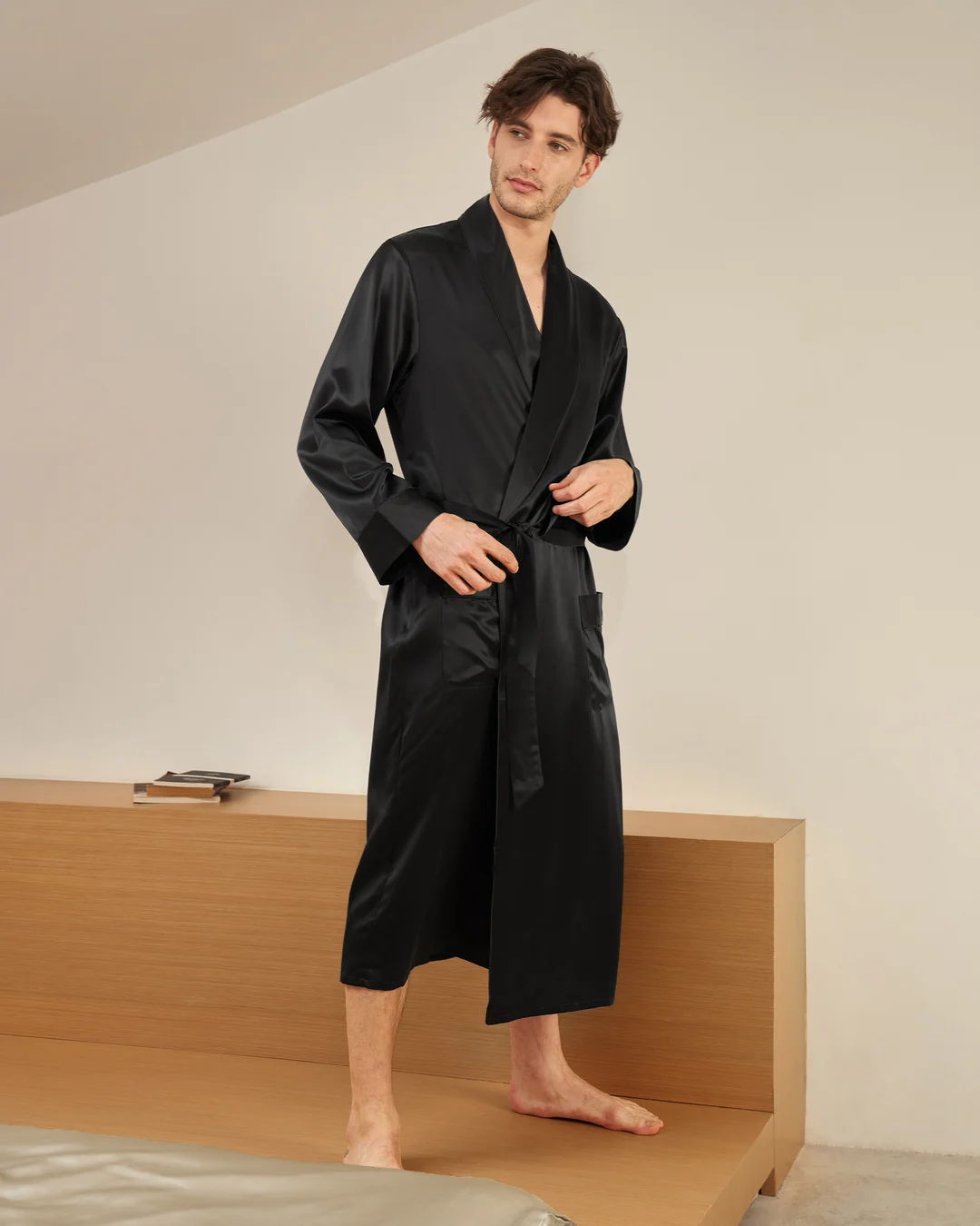 LILYSILK Peignoir Soie Personnalisé Mariage Homme Noir Bordure Noire, Coupe Généreuse 100% Soie Naturelle Doux Pour La Peau Et Respirant XXL