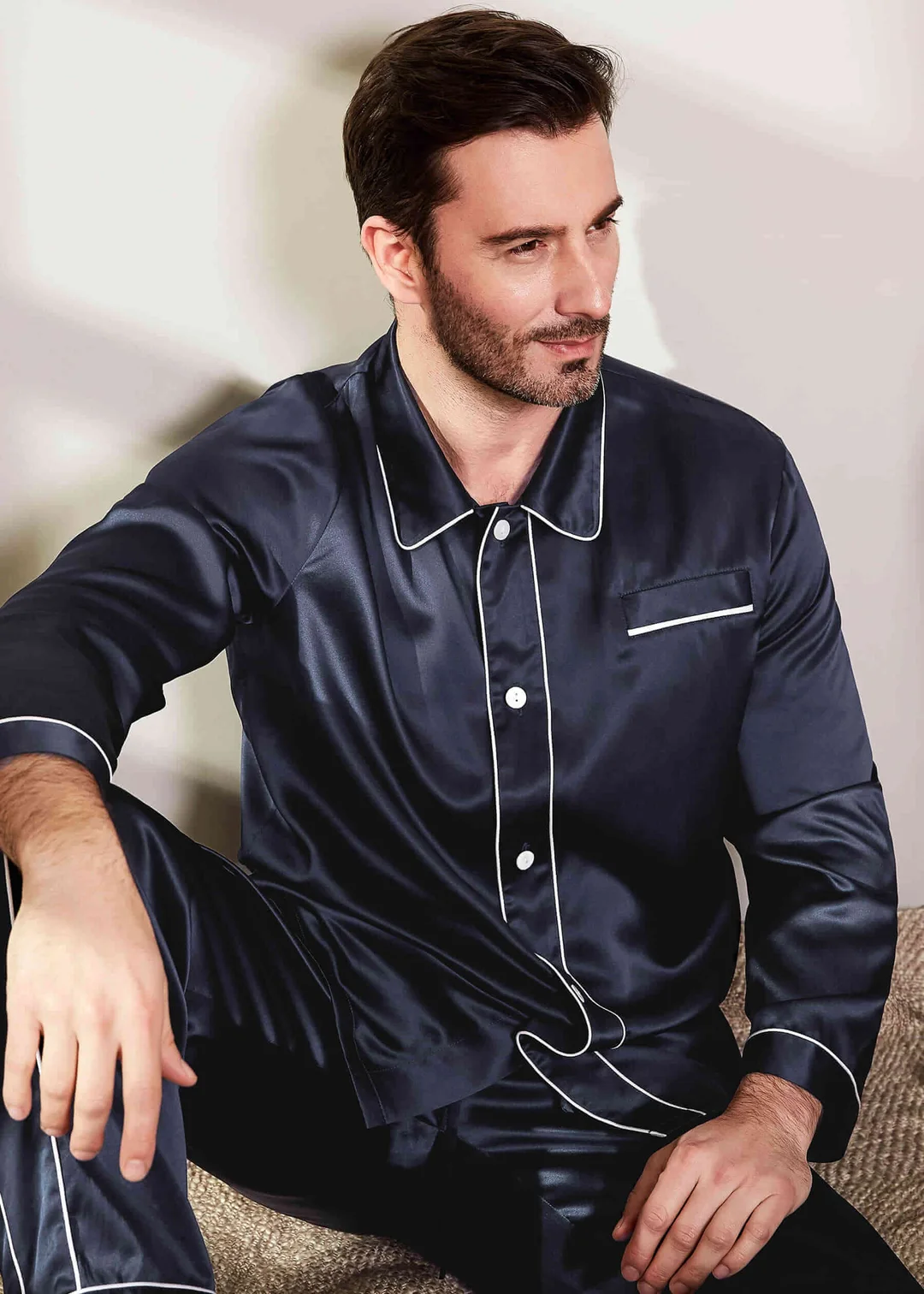 LILYSILK Pyjama En Soie Homme Noir Col À Revers, Boutons En Nacre 100% Soie Naturellement Antibactérien Pyjama XL