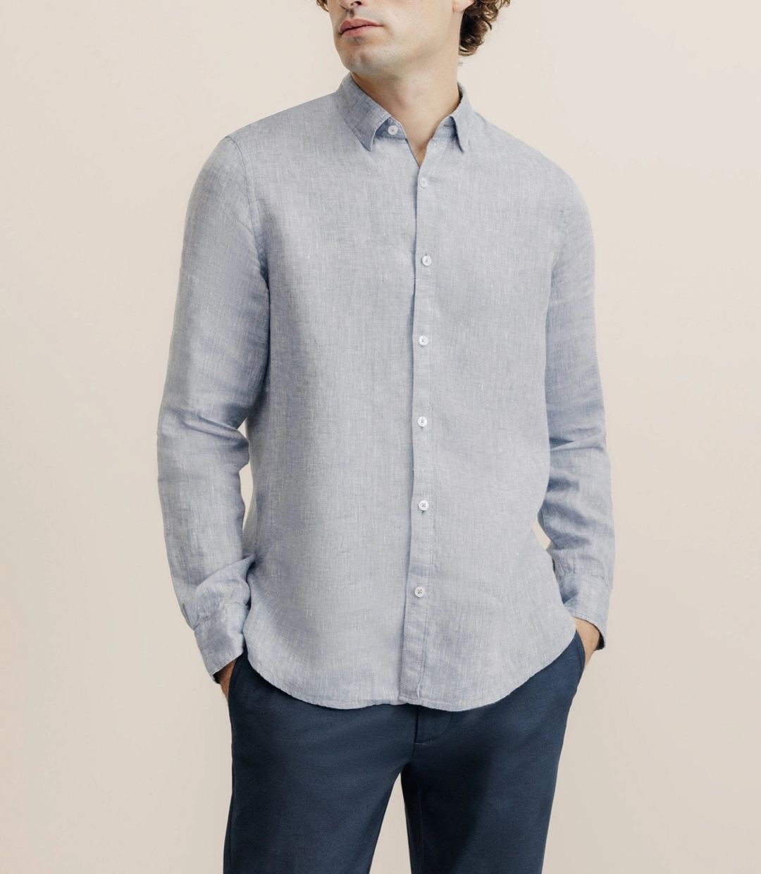 IZAC - Chemise unie 100% lin bleu denim