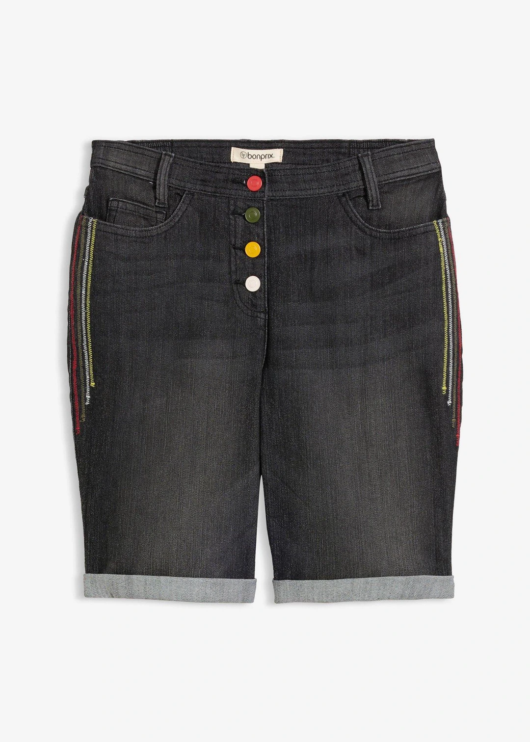 Bermuda en jean avec broderie, taille mi-haute élastiquée