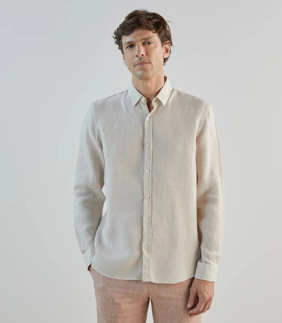IZAC - Chemise unie 100% lin beige