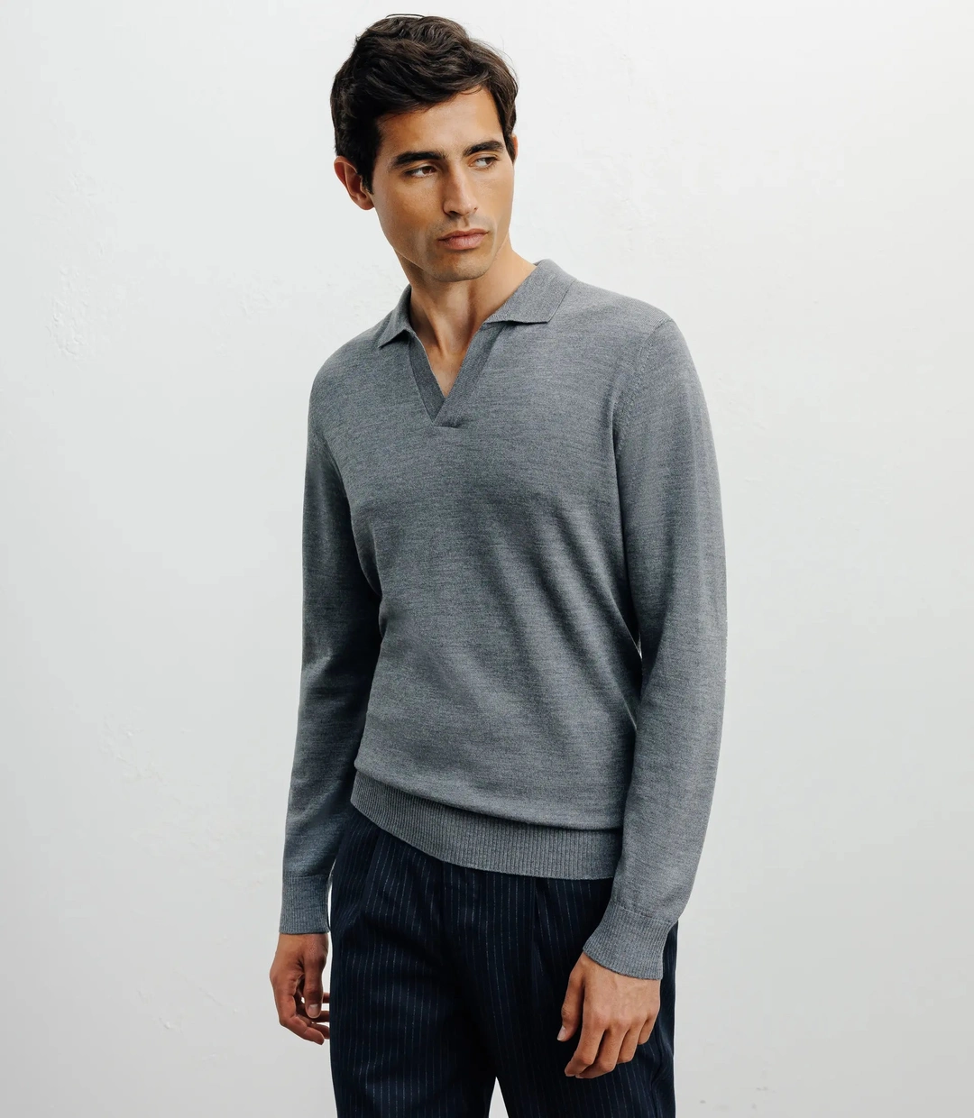 IZAC - Pull col polo en laine mérinos gris chiné