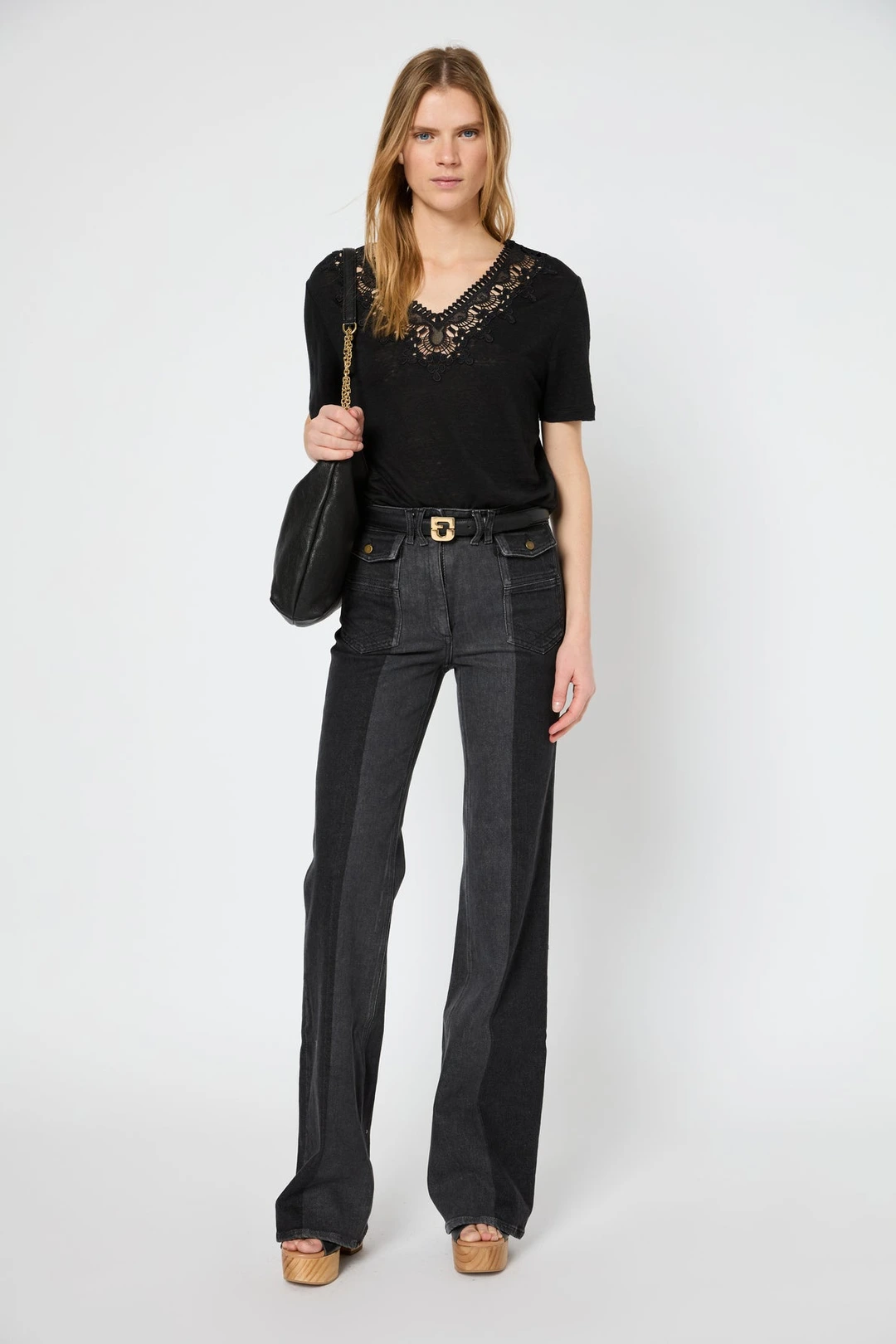 T-shirt en lin au col brodé - GALATEA - Noir - 2