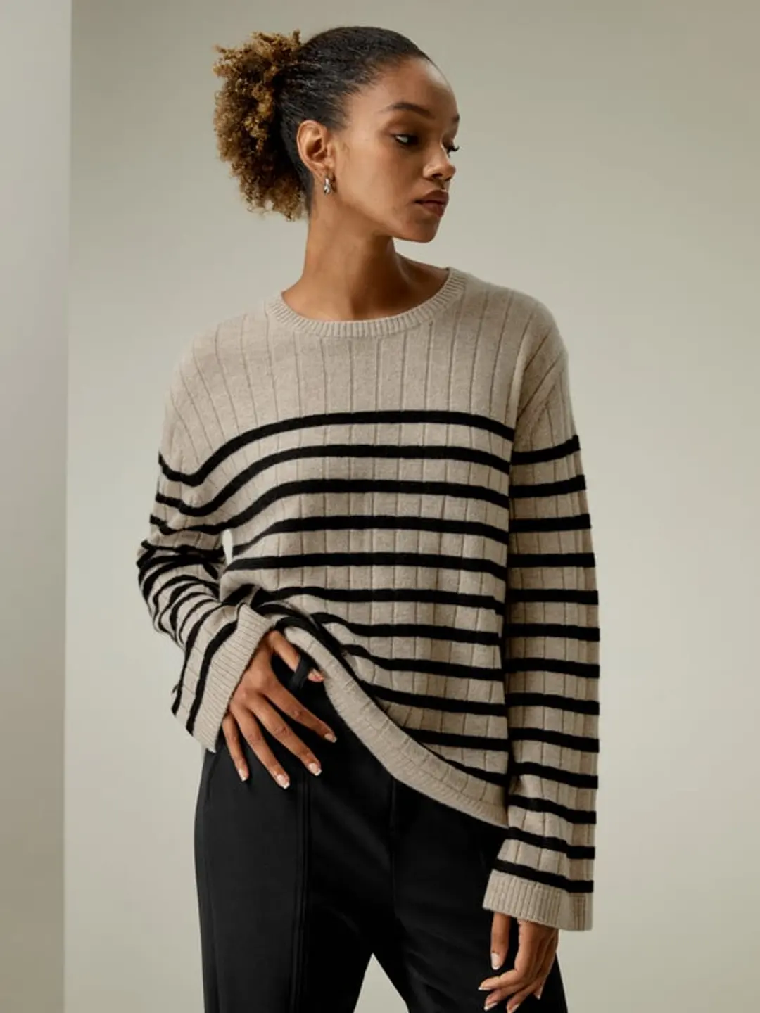 LILYSILK Pull Cachemire Rayé Femme Décontracté Épaules Tombantes Camel-Noir XS