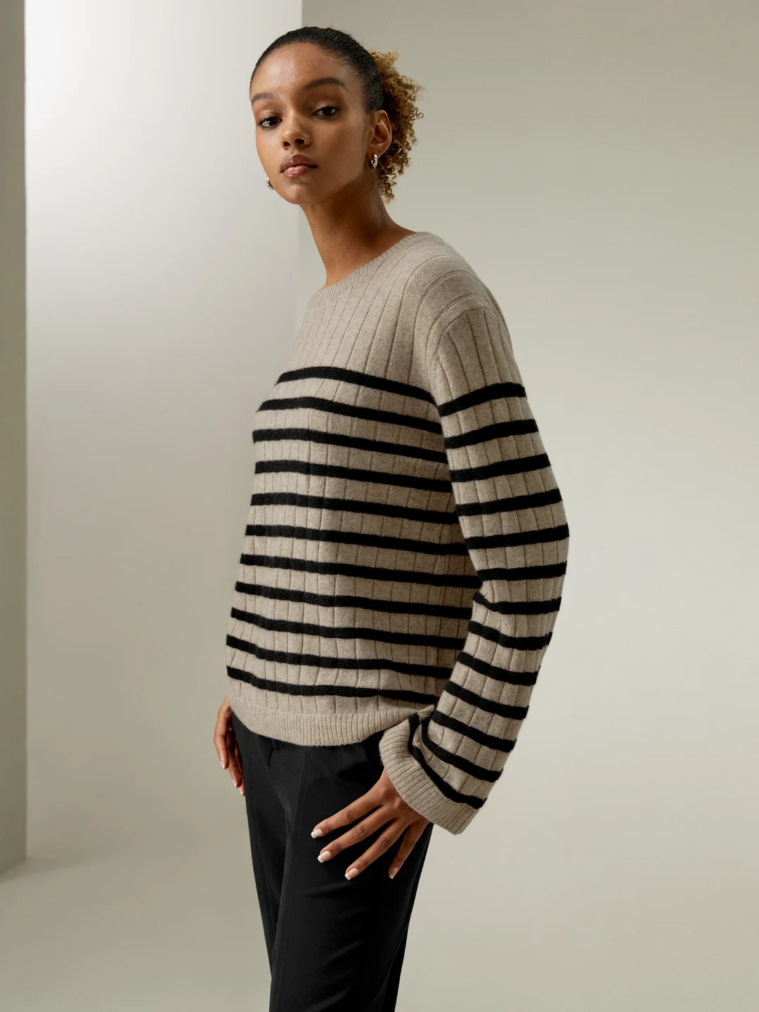 LILYSILK Pull Cachemire Rayé Femme Décontracté Épaules Tombantes Camel-Noir XS