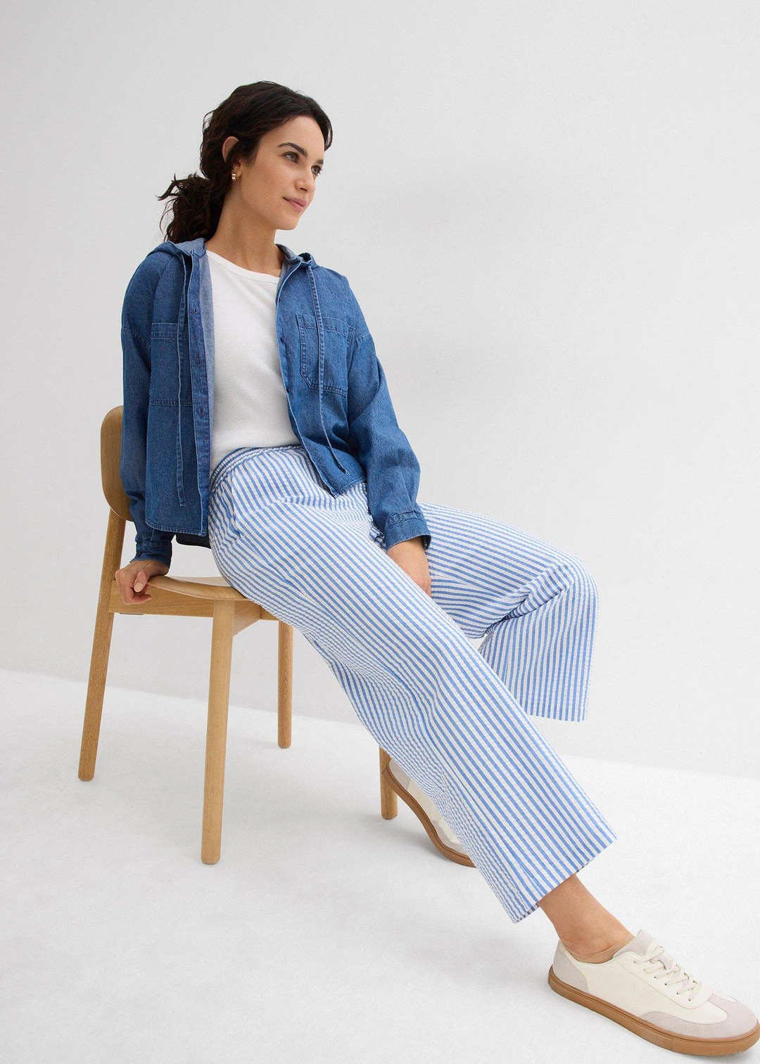 Pantalon palazzo en seersucker, longueur 7/8