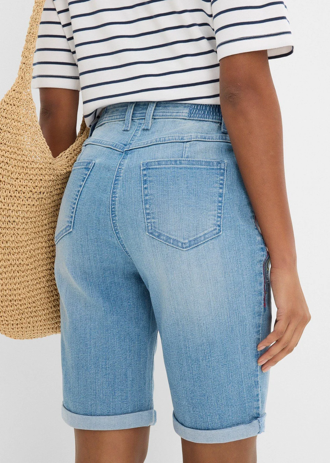 Bermuda en jean avec broderie, taille mi-haute élastiquée - 3