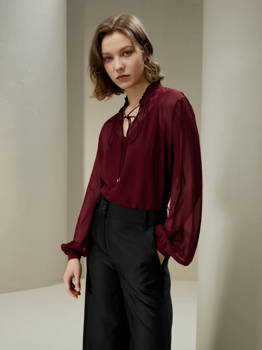 LILYSILK Blouse Soie Femme Rouge Cordon De Serrage À L'Avant Georgette Semi-Transparent Décontracté Et Professionnel L