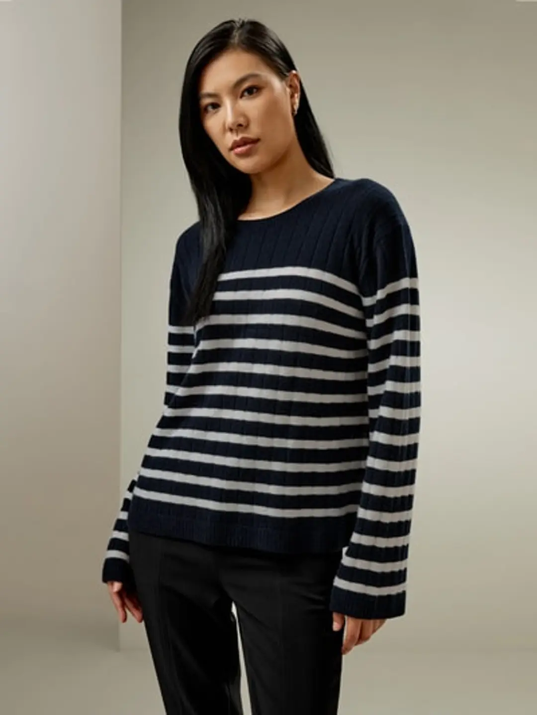 LILYSILK Pull Cachemire Rayé Femme Décontracté Épaules Tombantes Camel-Noir XS