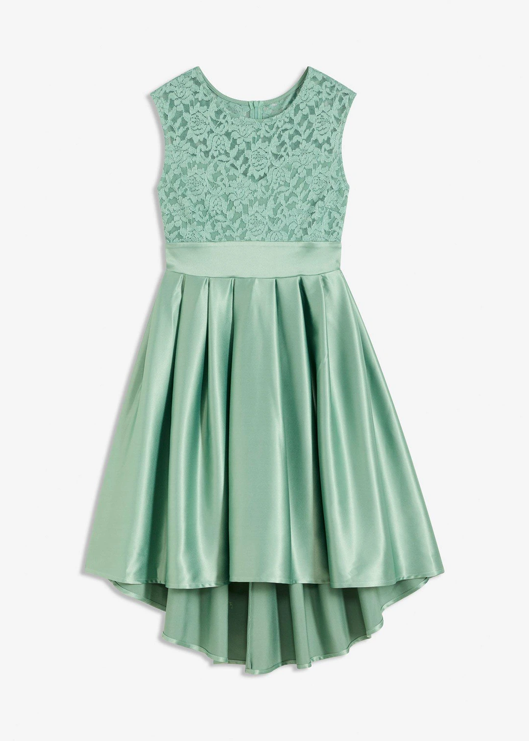 Robe courte devant, longue derrière en satin brillant avec dentelle