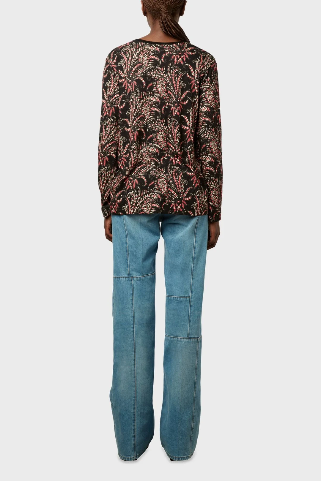 T-shirt imprimé à col V et manches longues - ADELINA - Noir