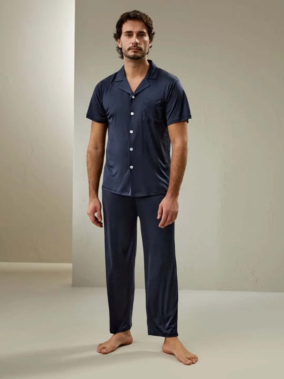 LILYSILK Ensemble Pyjama Soie Hemme Bleu Marine Revers Cranté Classique, Coupe Régulière 100% Tricoté En Soie Doux Pour La Peau Et Respirant L