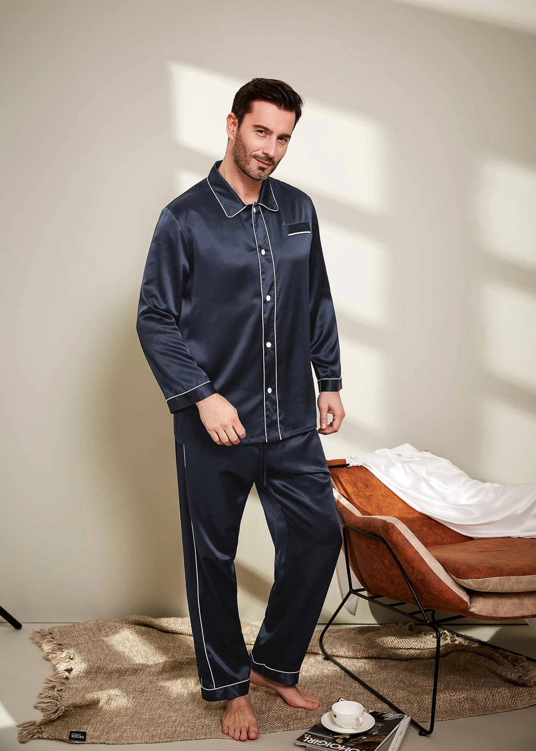 LILYSILK Pyjama En Soie Homme Noir Col À Revers, Boutons En Nacre 100% Soie Naturellement Antibactérien Pyjama XL