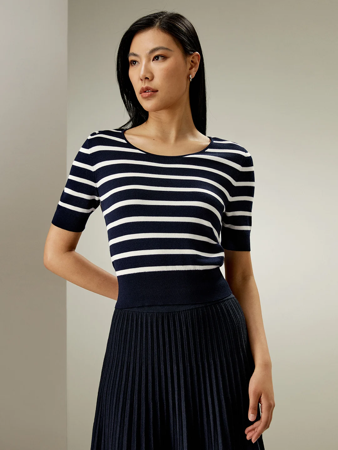 LILYSILK T Shirt En Soie Bleu Marine À Rayures Blanches Col Rond, Coupe Slim 100% Soie Pure Sans Produits Chimiques Nocifs M