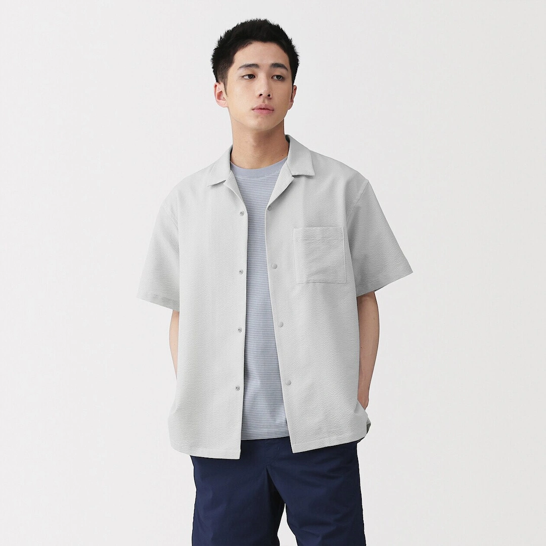 Chemise à col cubain en Seersucker extensible et respirant pour homme