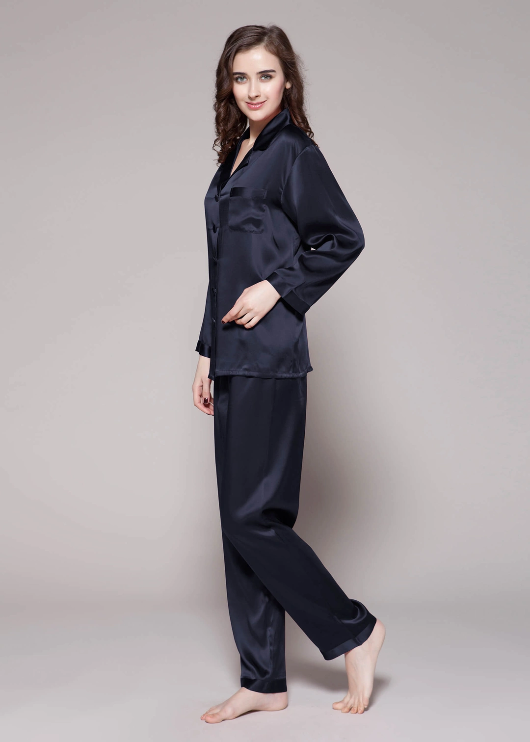 LILYSILK Pyjama Soie Noir Femme Noir Revers Crantés, Boutons Enveloppés De Soie 100% Soie Pure Maintient L'Hydratation Pour Mieux Dormir S