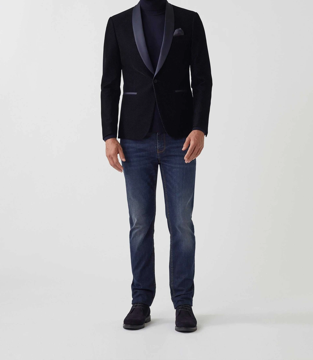IZAC - Veste velours col châle satin marine ''Voltige''