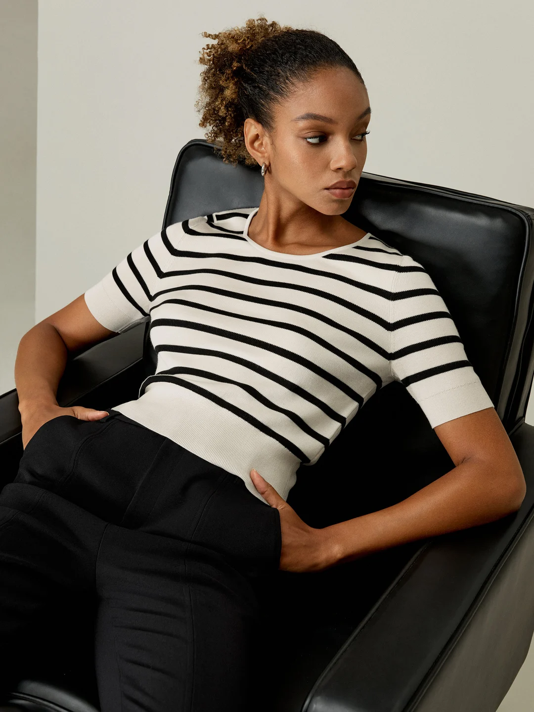 LILYSILK T Shirt En Soie Bleu Marine À Rayures Blanches Col Rond, Coupe Slim 100% Soie Pure Sans Produits Chimiques Nocifs M