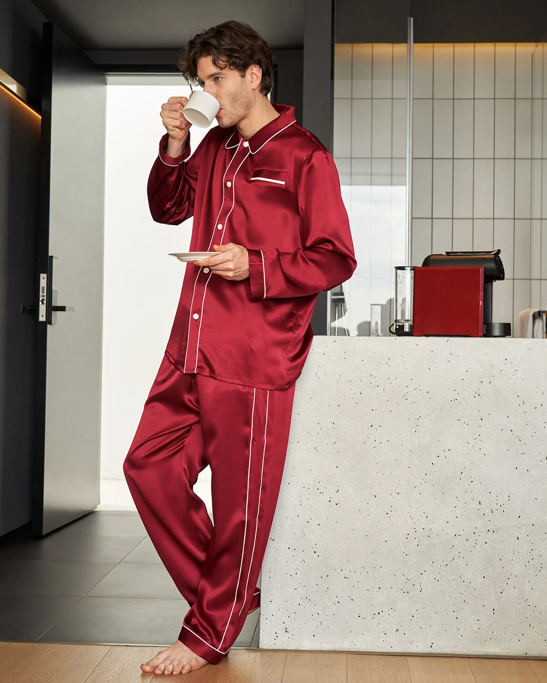 LILYSILK Pyjama En Soie Homme Noir Col À Revers, Boutons En Nacre 100% Soie Naturellement Antibactérien Pyjama XL